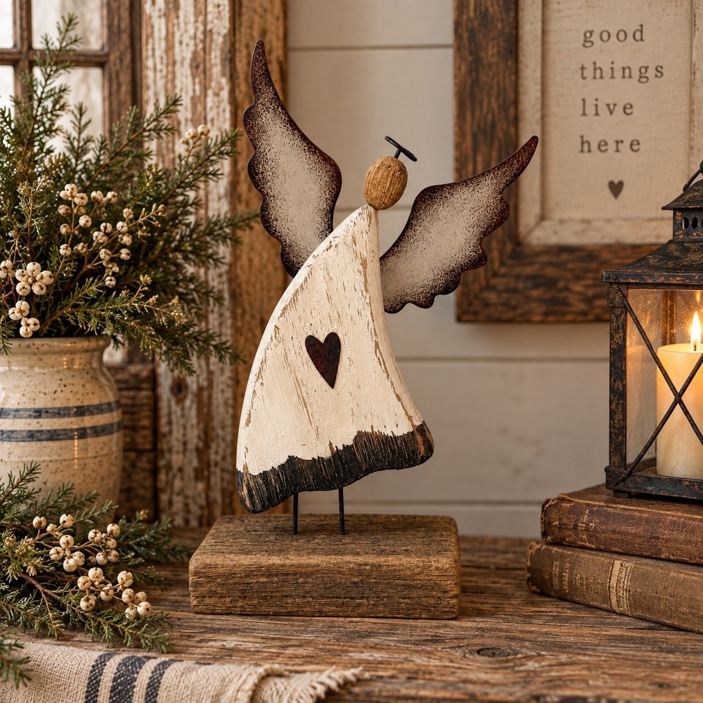 Primitive Wood Angel on Stand 9.75" Metal Wings Heart Farmhouse Country Decor